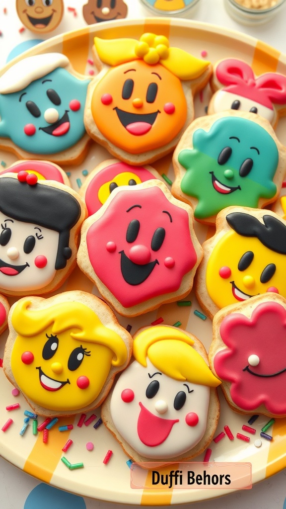 A variety of cartoon cookies with vibrant icing designs on a plate, surrounded by colorful sprinkles.